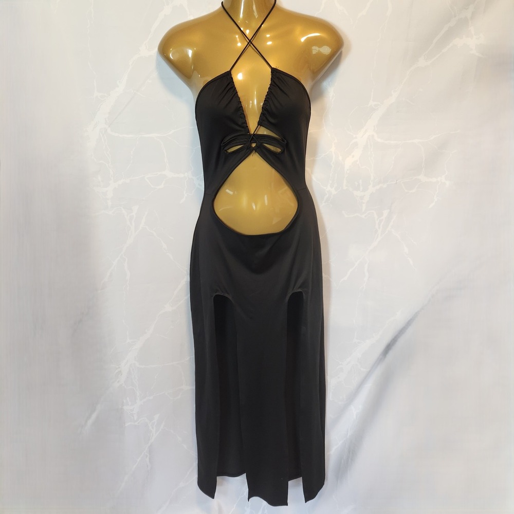 Shein Maxi Split Thigh Center Hollow Out Dress Women's‎ S Black Halter Neck Tie
